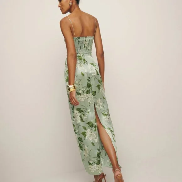 frankie silk dress tea garden Reformation Frankie Silk Dress Tea Garden